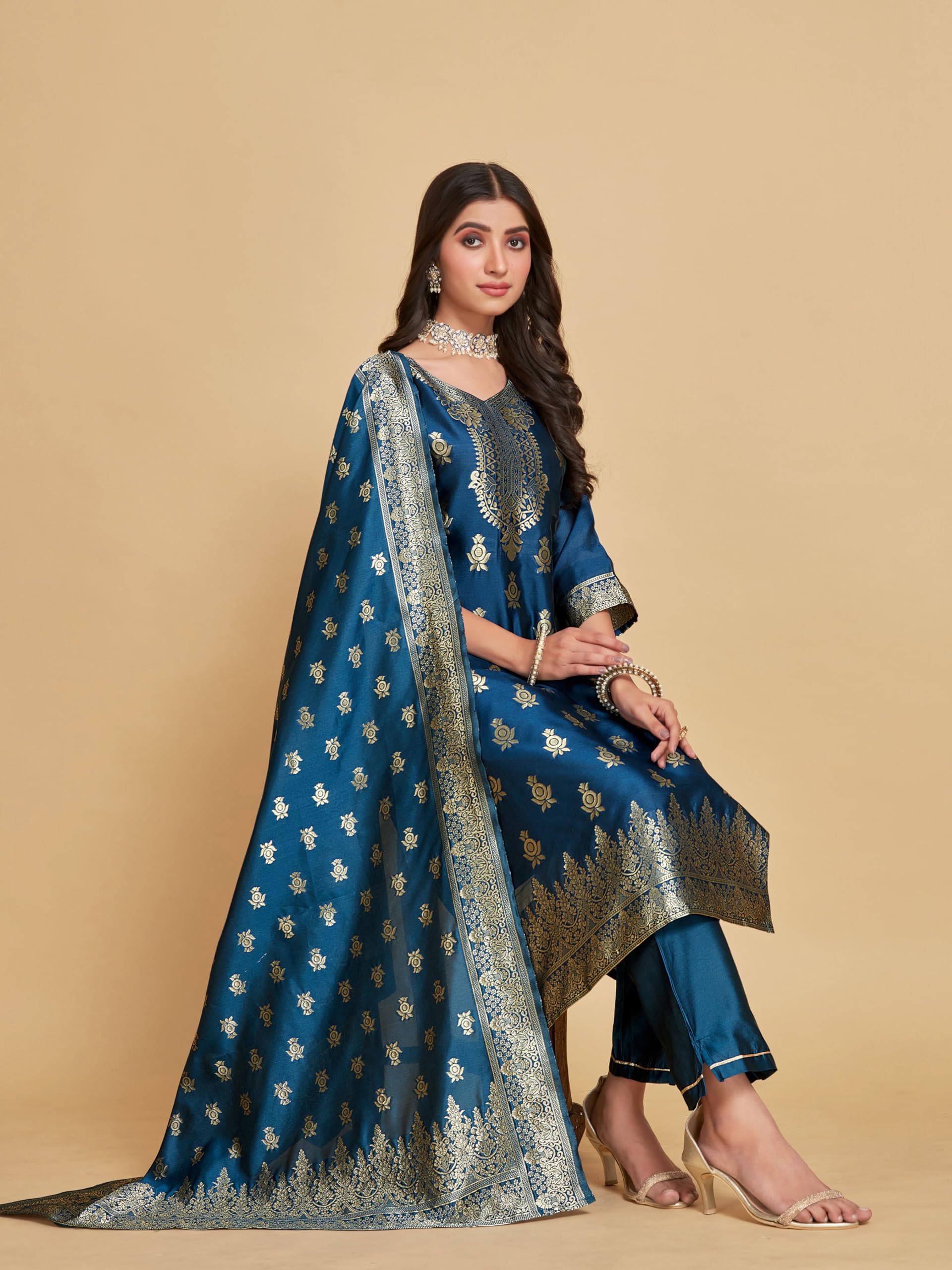 Ishin Women'S Ethnicteal Blue Printed Motifs Art Silk Kurta Set With Dupatta