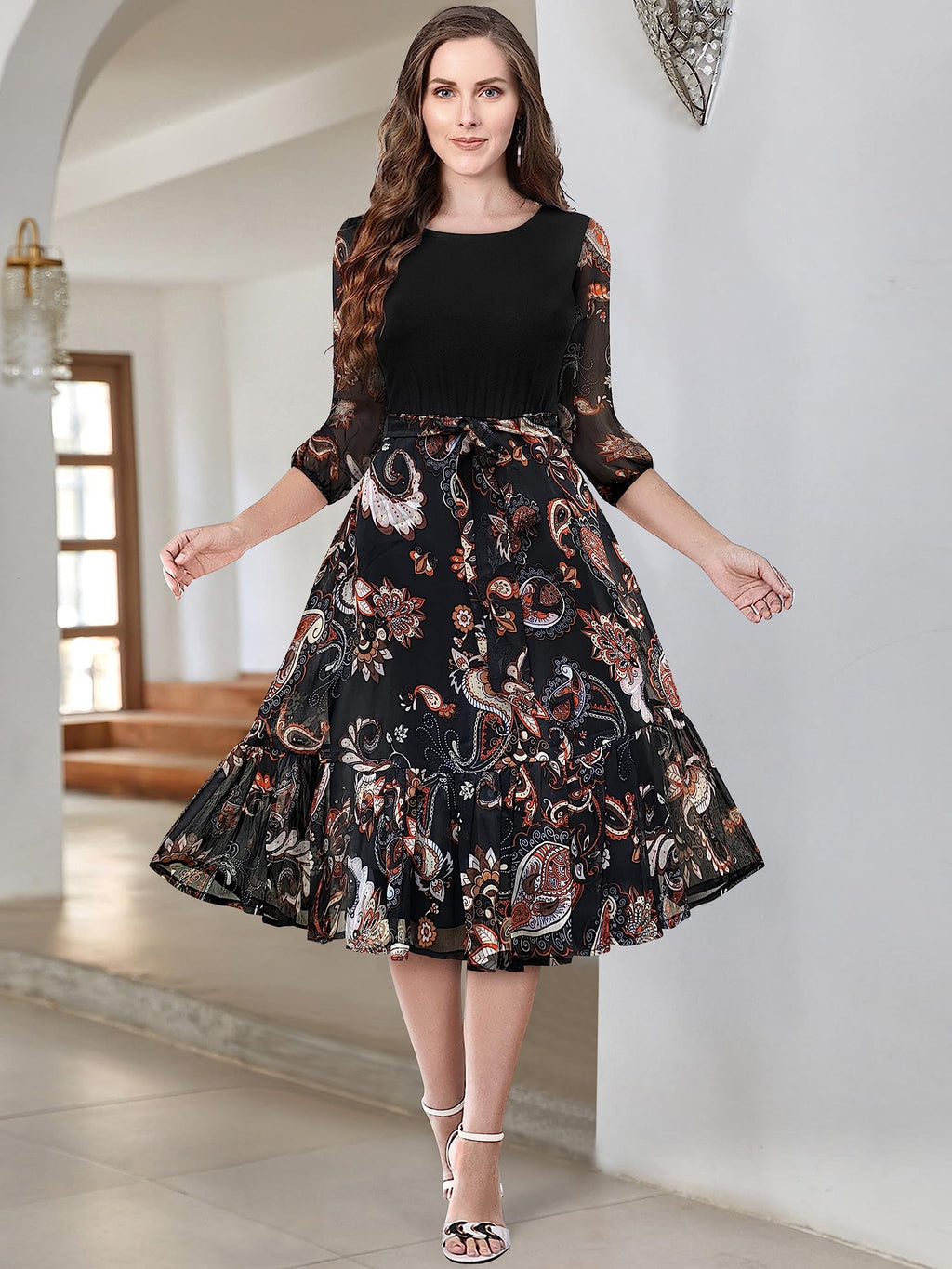 Toochki WomenS Black Georgette Lycra Paisley Print Fit & Flared Western Dress With A Line Pattern Suitable To Wear In Winter We