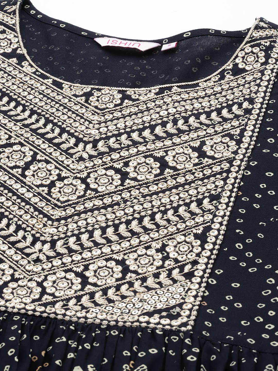 Ishin Women'S Viscose Rayon Navy Blue Ethnic Motifs Embroidered Sequinned A-Line Kurta Suit Set With Trousers & Dupatta