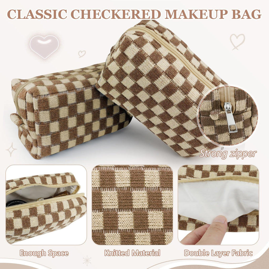 58 Pcs Aesthetic Makeup Bag Set With 7 Pcs Surfer Bracelets and 50 Pcs Stickers for Women Girls Teens Gift (Brown)