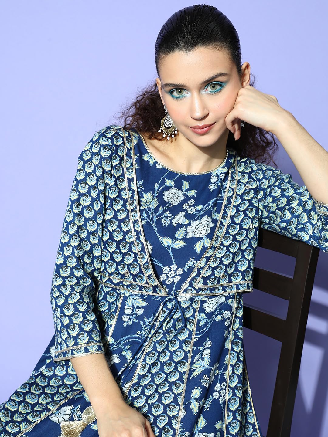Ishin WomenS Cotton Blue Embellished Anarkali Kurta