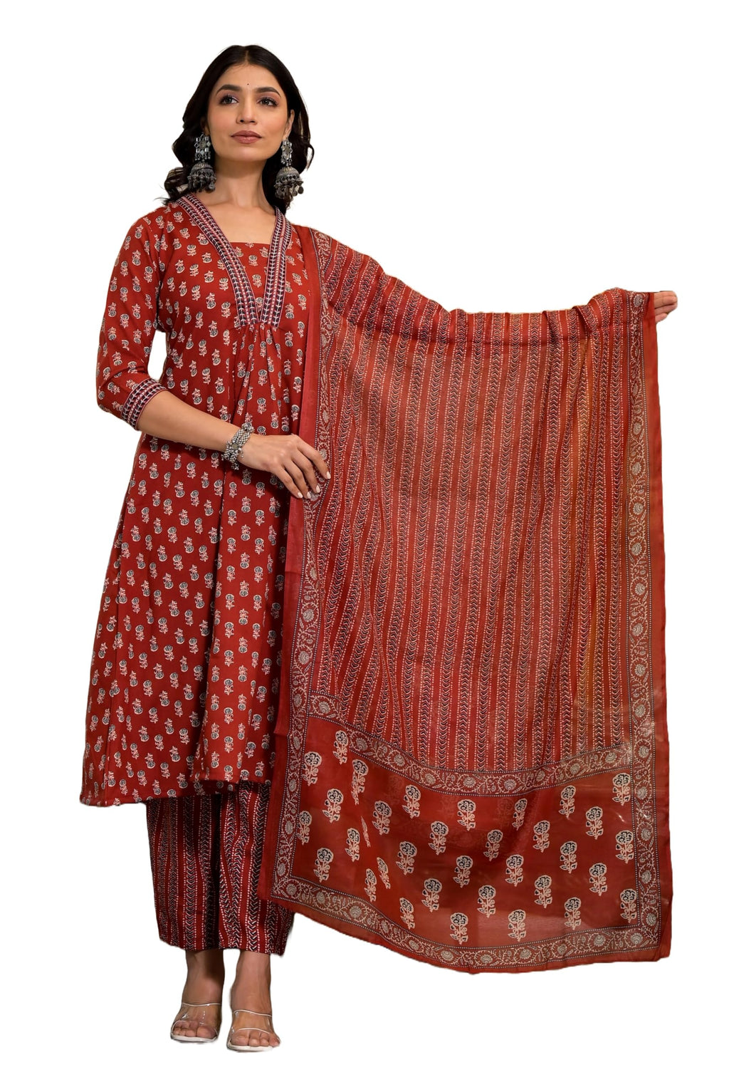 KLOSIA Women's Printed A-Line Kurta and Pant Set with Dupatta with Embroidered Neck Work | Suit | Embroidery | Ethnic Set | Kurt