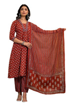 KLOSIA Women's Printed A-Line Kurta and Pant Set with Dupatta with Embroidered Neck Work | Suit | Embroidery | Ethnic Set | Kurt