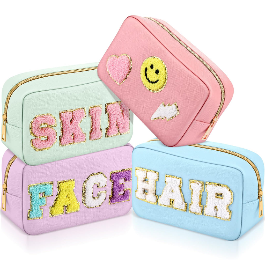 Sanwuta 4 Pcs Hair Face Skin Travel Bag Set Preppy Makeup Pouch PU Leather Skincare Bag Waterproof Cosmetic Organizer Birthday C