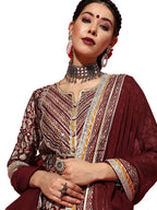 Ishin Women'S Art Silk Maroon Embroidered Anarkali Peplum Kurta Set With Sharara And Dupatta
