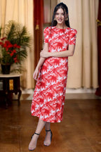 Popwings Casual Abstract Printed Midi Dress For Women | Half-Sleeves Long Dress For Women | Round-Neck Women Stylish Dress Red