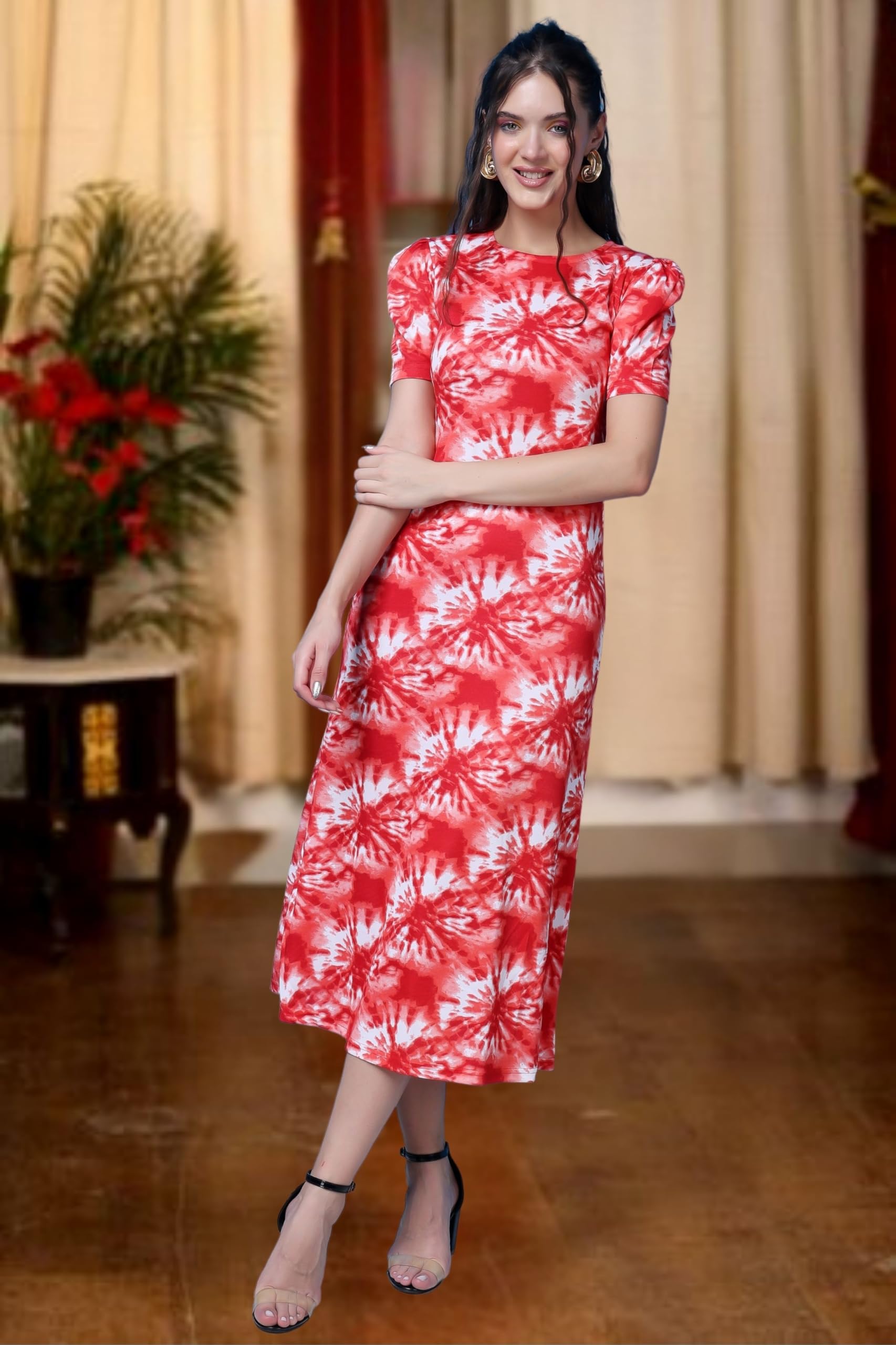 Popwings Casual Abstract Printed Midi Dress For Women | Half-Sleeves Long Dress For Women | Round-Neck Women Stylish Dress Red