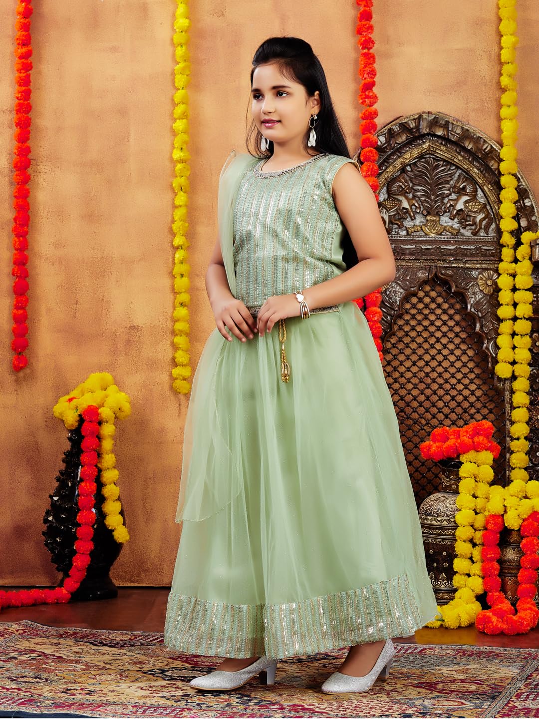 Aarika Girls Ethnic Wear Green Colour Sequin Embroidery Net Lehenga Choli Set (4-10 Years)