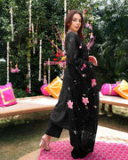 ANNI DESIGNER Womens Rayon Blend Floral Straight Kurta with Pant & Dupatta (ROKA Rani_Black_X-Large)