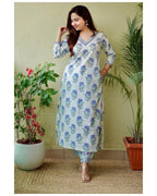 ANNI DESIGNER Womens Cotton Blend Printed Straight Kurta with Pant (Dhara White_L_White_Large)