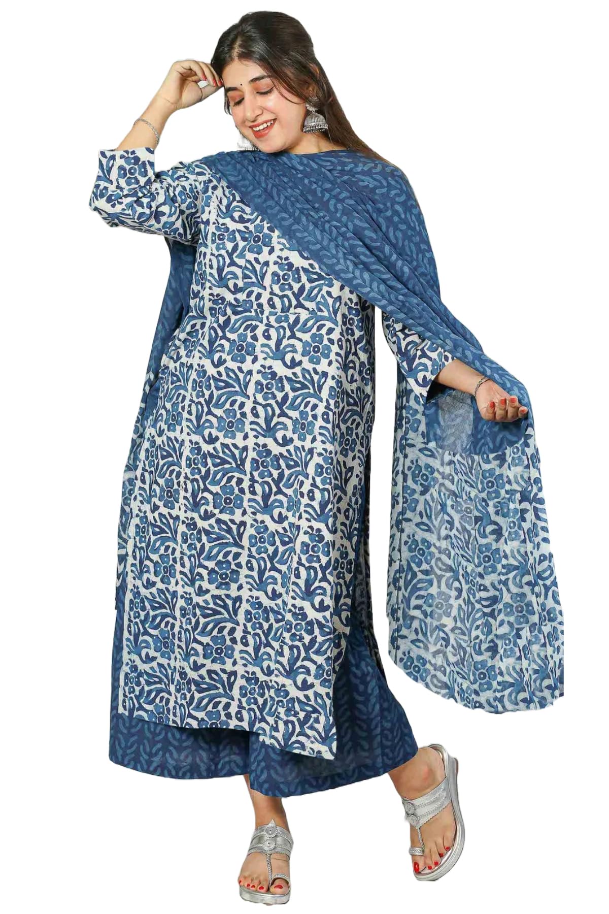 ANNI DESIGNER Womens Cotton Blend Straight Printed Kurta with Palazzo & Dupatta (Nazneen Blue_L_Blue_Large)