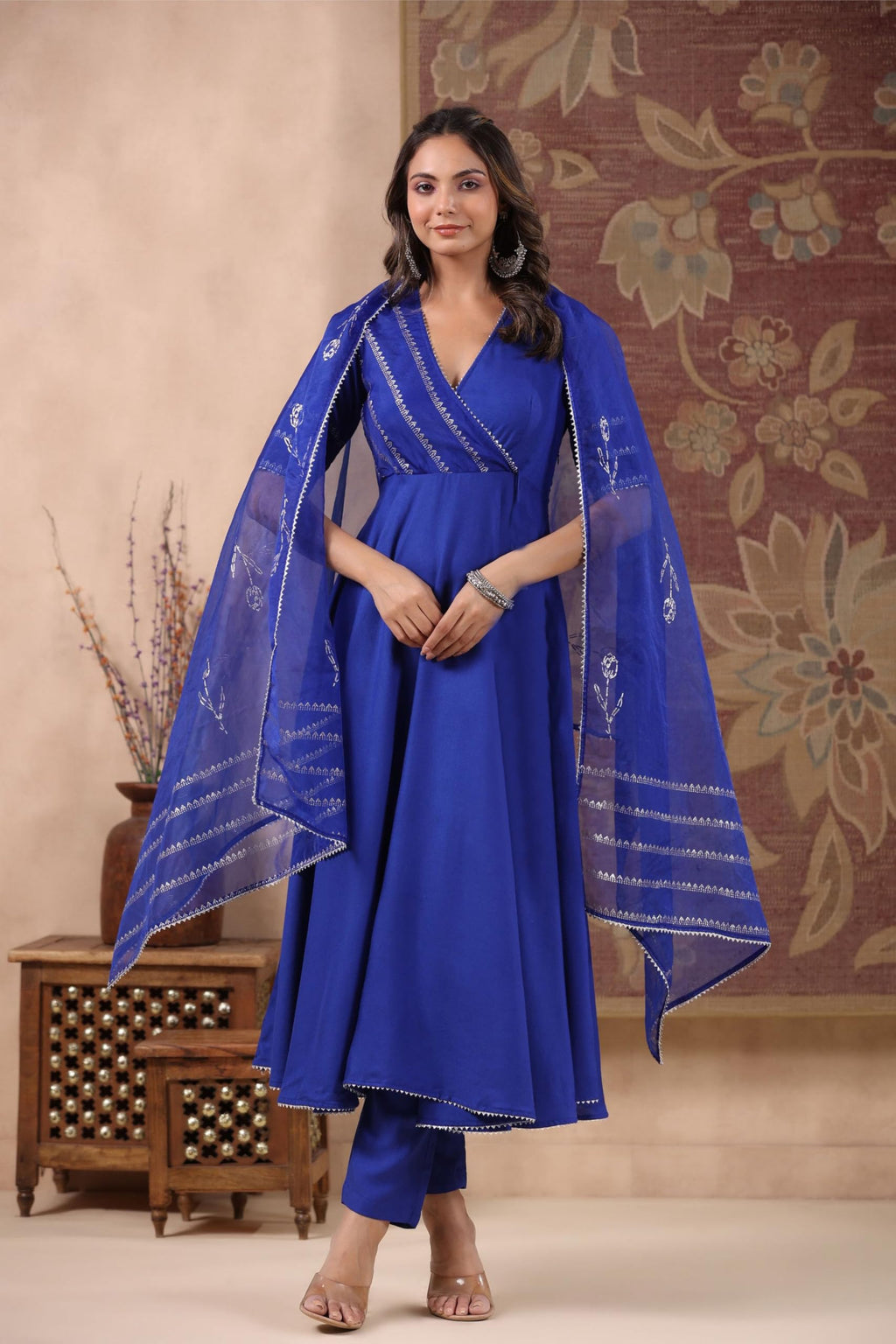ANNI DESIGNER Anarkali Women s Plain Rayon Blend Kurta with Trousers and Dupatta, Blue, Medium