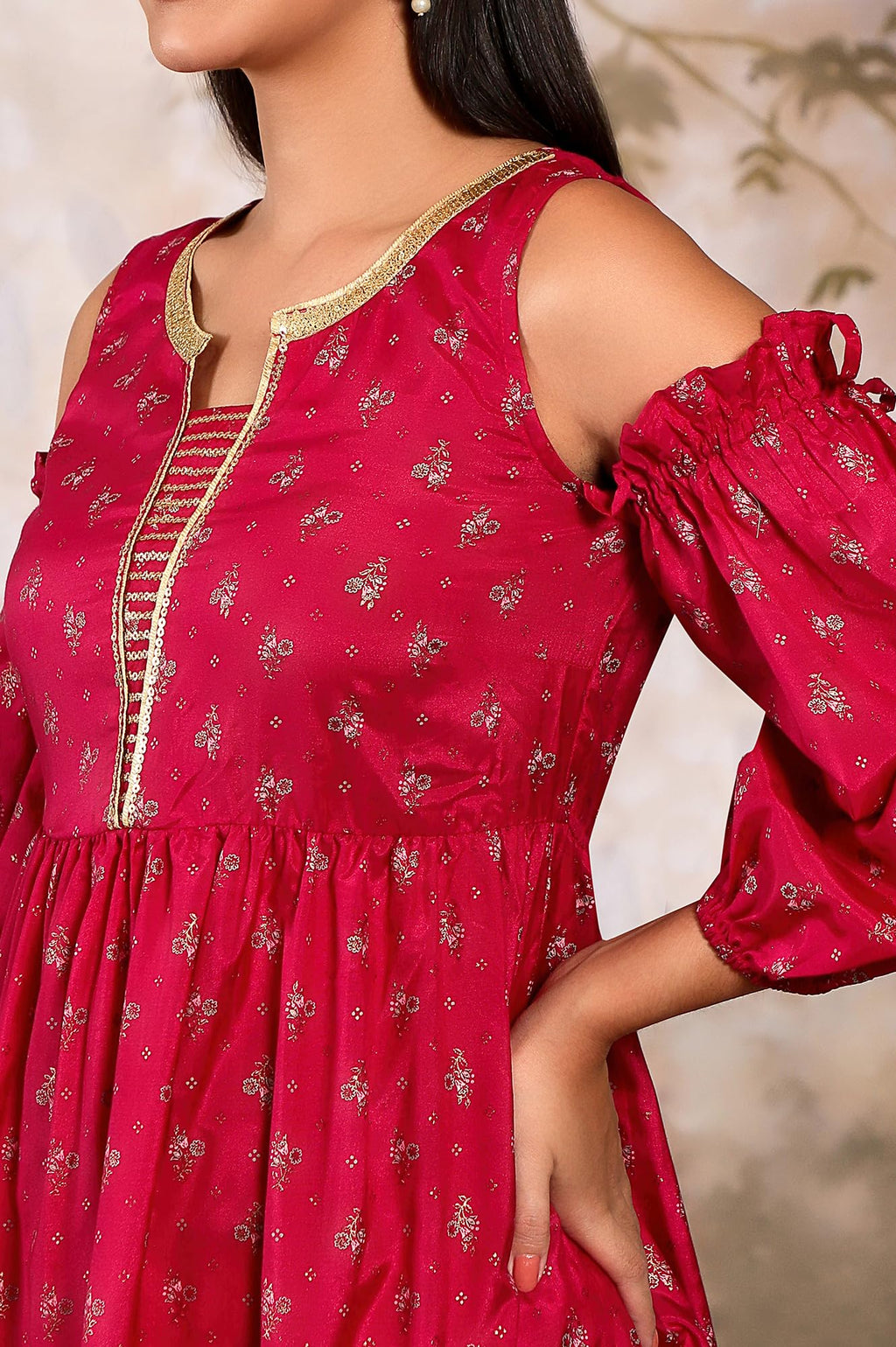 Aurelia Women'S Polyester Pink Floral Round Neck Straight Kurta