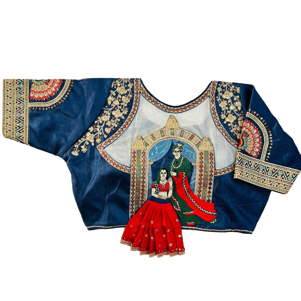 Pujia Mills Womens Heavy Milan Silk Codding Sequins Handwork Half Sleeve Navy Blue Color Blouse Womens Bridal Blouse Readymade