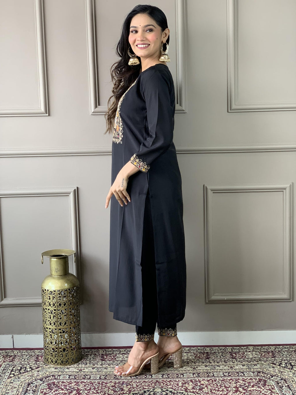 Naixa Womens Black Chanderi Viscose Embroidered Straight Kurta with Pant and Crep Silk Printed Dupatta Sets