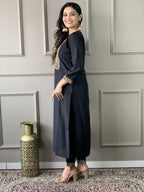 Naixa Womens Black Chanderi Viscose Embroidered Straight Kurta with Pant and Crep Silk Printed Dupatta Sets