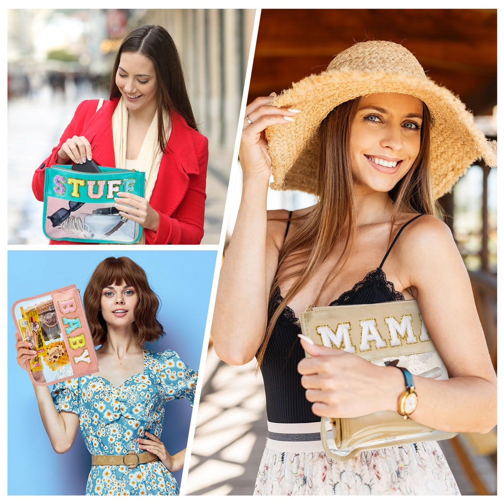 3 Pcs Chenille Letter Zipper Pouch for Travel Clear Snack Bags Waterproof Cosmetic Pouch Nylon Gym Beach Multipurpose Makeup Bag