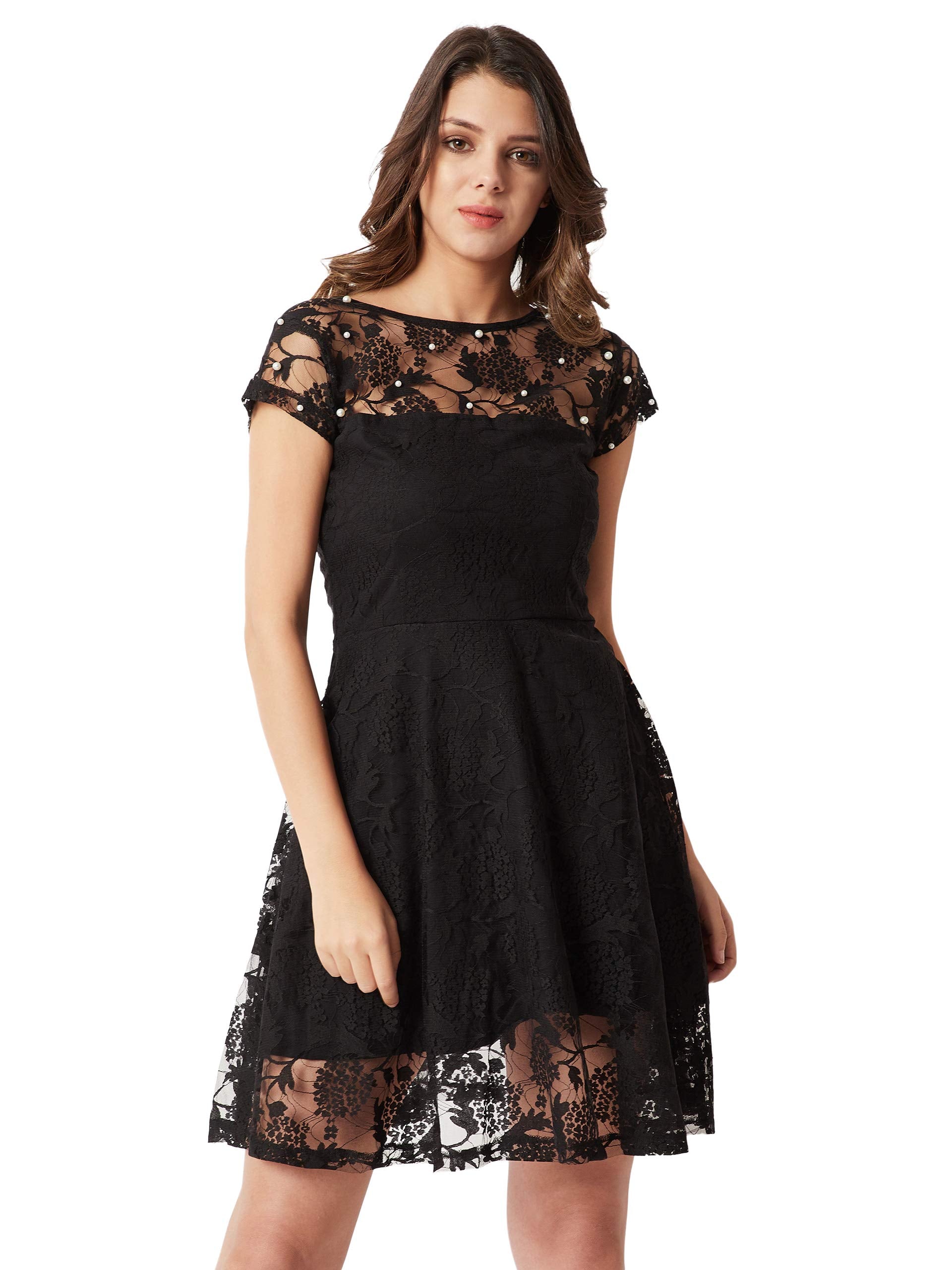 Miss Chase WomenS Round Neck Cap Sleeves Lace Solid Embellished Mini Skater Dress With Zip Closure(Mcaw18D10-94-62-06, Black, X