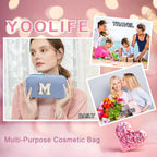 YOOLIFE Initial Makeup Bag - Personalized Monogram Cute Blue Makeup Bag Cosmetic Travel Toiletry Pouch Make Up Case for Women Mo