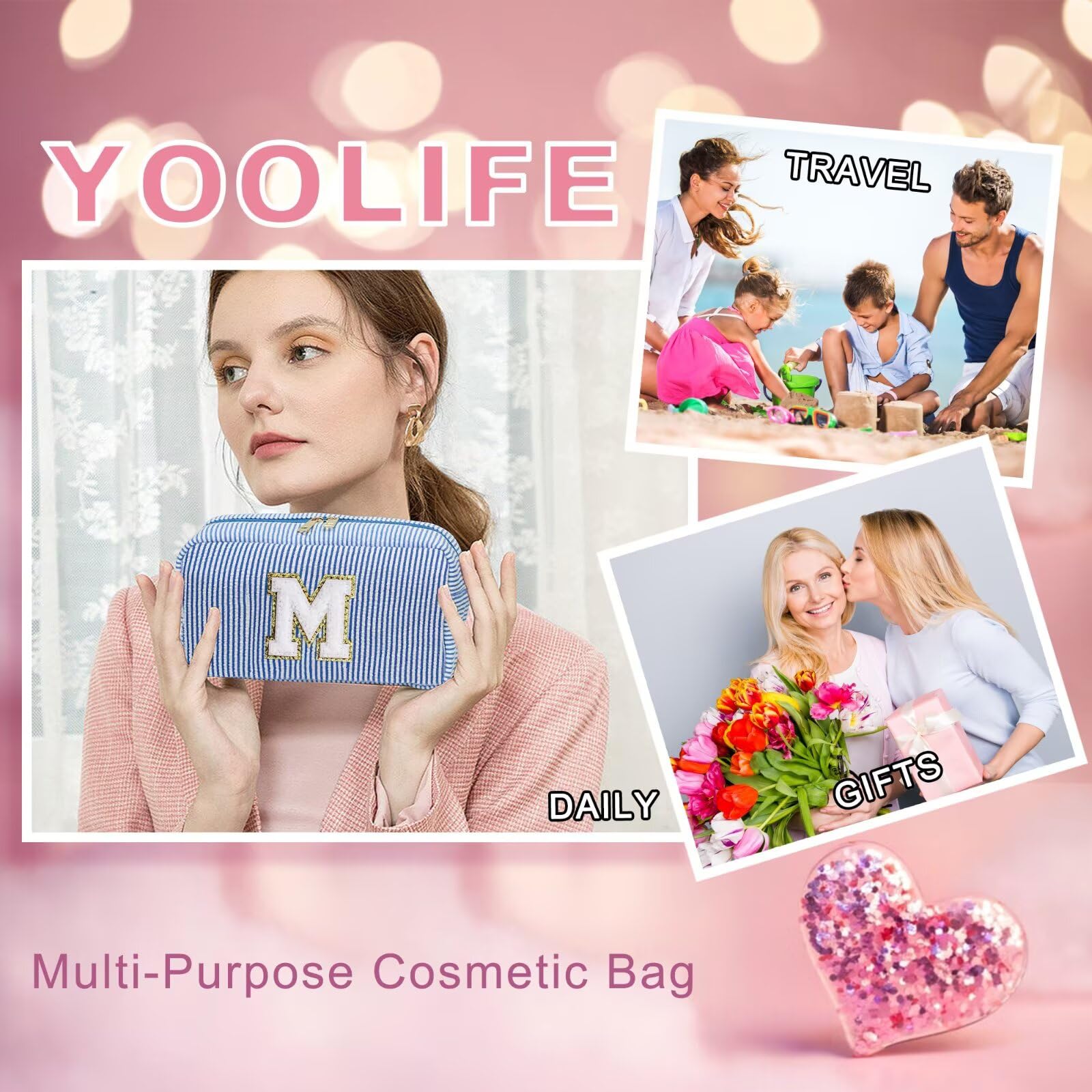 YOOLIFE Initial Makeup Bag - Personalized Monogram Cute Blue Makeup Bag Cosmetic Travel Toiletry Pouch Make Up Case for Women Mo