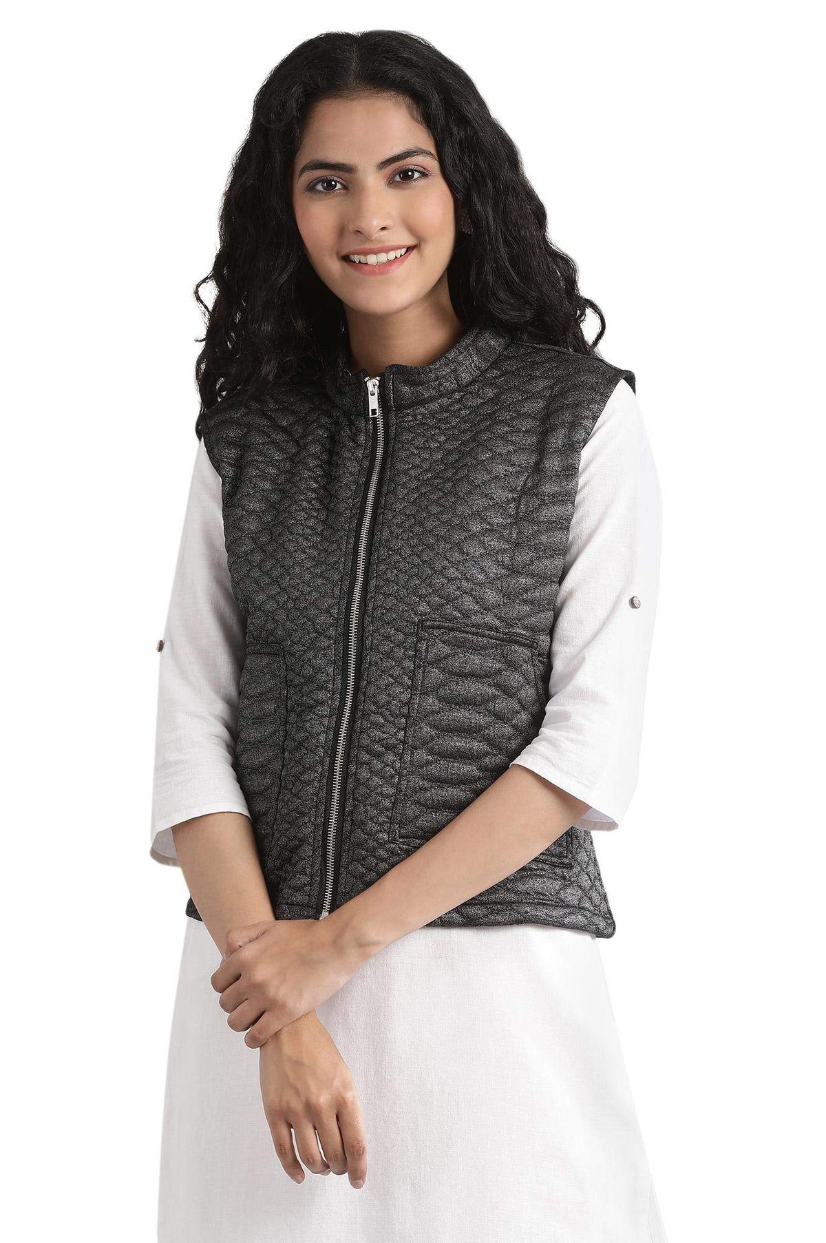 Black Collar Neck Quilted Jacket