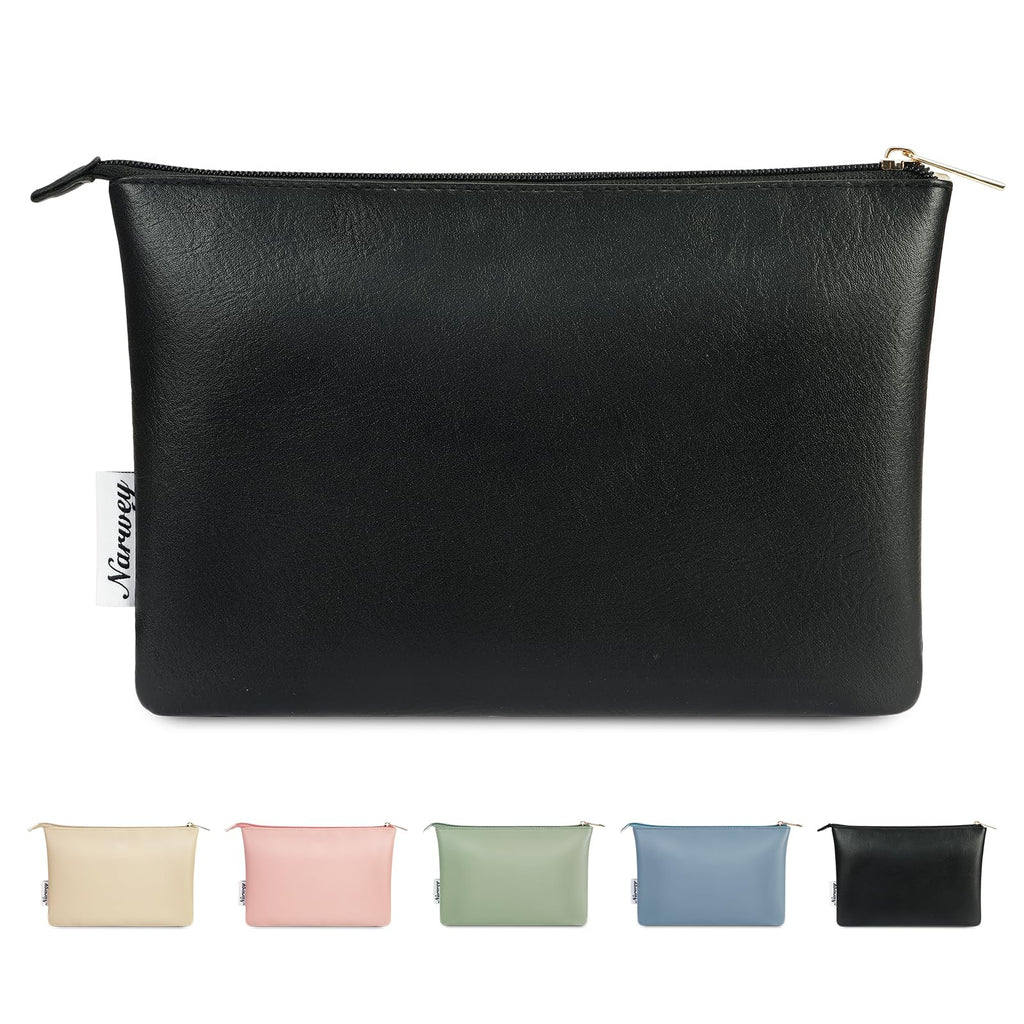 Narwey Small Makeup Bag for Purse Vegan Leather Travel Makeup Pouch Cosmetic Bag Zipper Pouch for Women (Black)