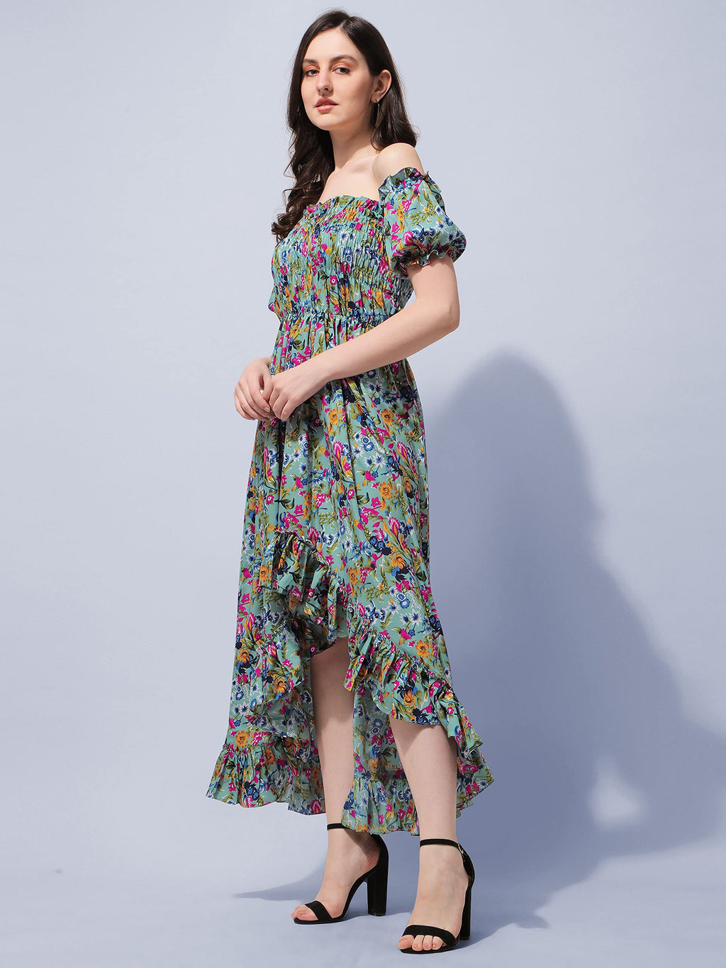Oomph! Flared Dress For Women Stylish | Long One Piece For Women | Off Shoulder Puff Sleeve Long Dress | Floral Print Maxi One P