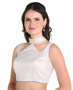 Pujia Mills WomanS Readymade Sleeveless White Blouse Halter Neck With String Pattern Backless Ethnic Wear Pattern Choli Blouse