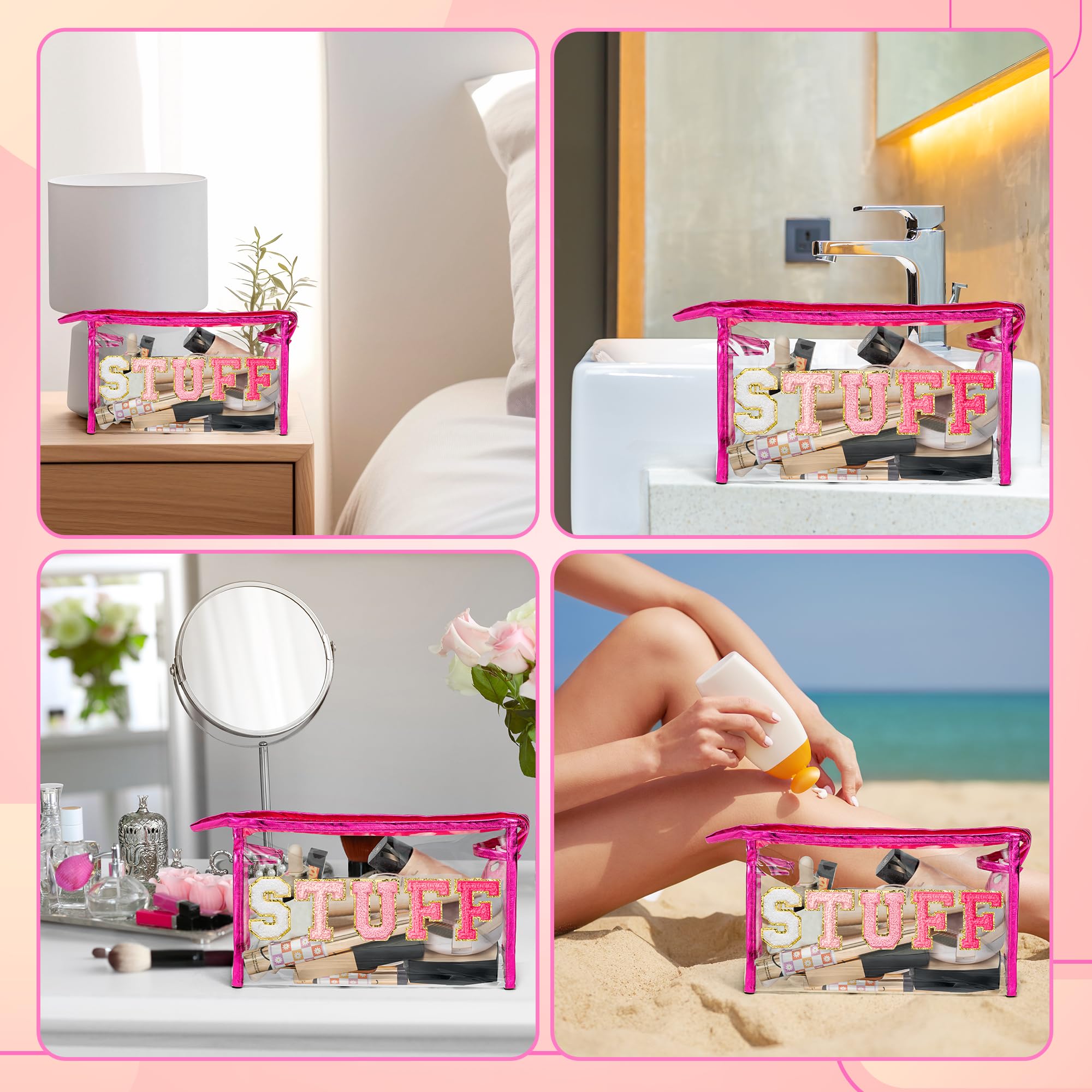 Y1tvei STUFF Large Makeup Bag - Preppy Patch Chenille Varsity Letter Transparent PVC Clear Extra Large Cosmetic Pouch Portable W