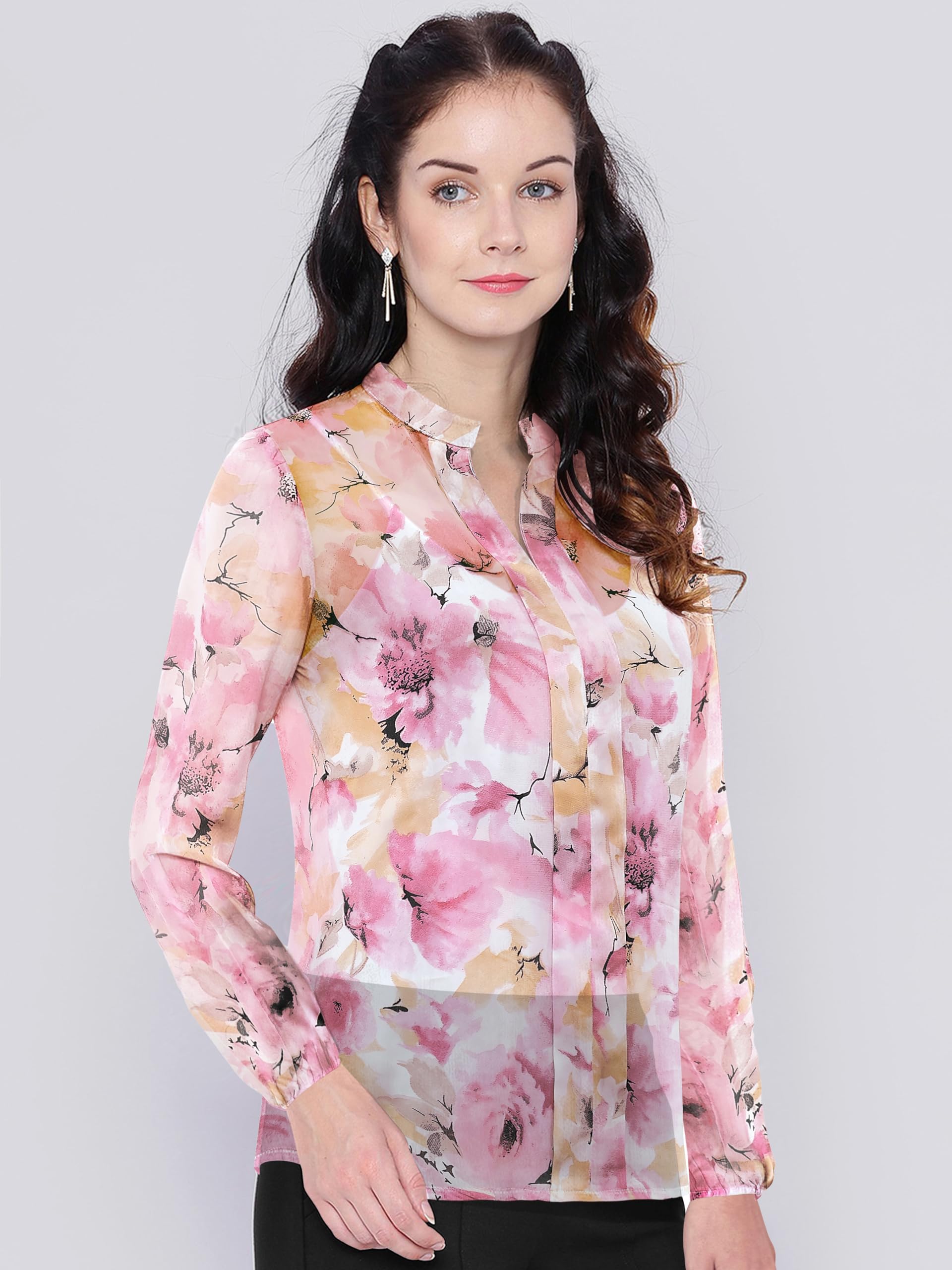 Toochki WomenS Pink Georgette Floral Straight Western Top