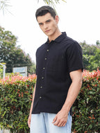 Thomas Scott Mens | Stripes | Seer Sucker Fabric | Spread Collar | Half Sleeve | Casual | Shirts for Men Black