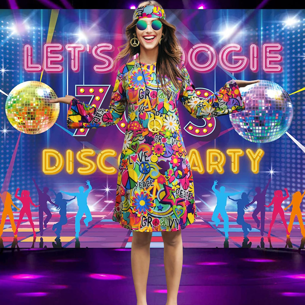 MRYUWB 70s Hippie Dress Costumes Necklace Earrings Sunglass Women Disco Outfit, 60s Party Costume, Halloween Retro Dresses (Love