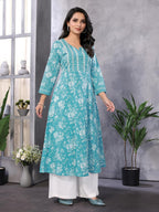 rangita Turquoise Cotton Calf Length Embroidered Anarkali Kurti