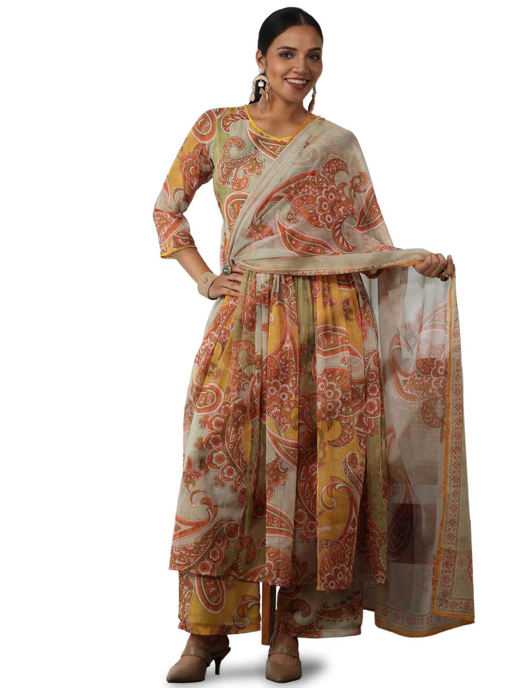 Libas Womens Printed Chiffon A-Line Kurta With Palazzos And Dupatta