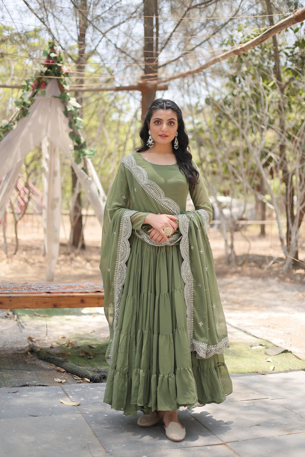 Fashion Basket Georgette Anarkali Kurta Set For Women Green