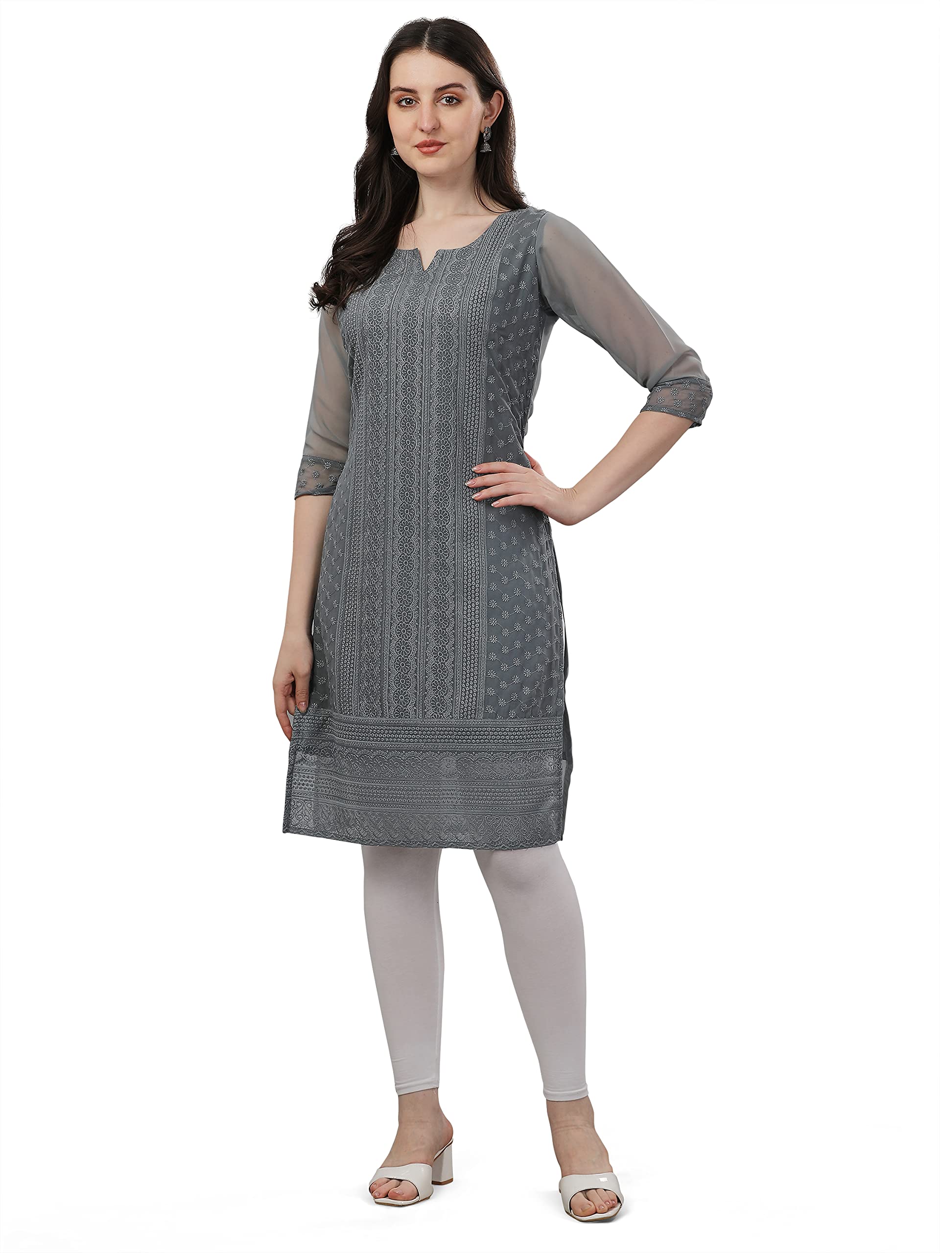 TRILLMIXA Womens Georgette Chikankari Embroidery Knee-Length Kurti for Girls Grey