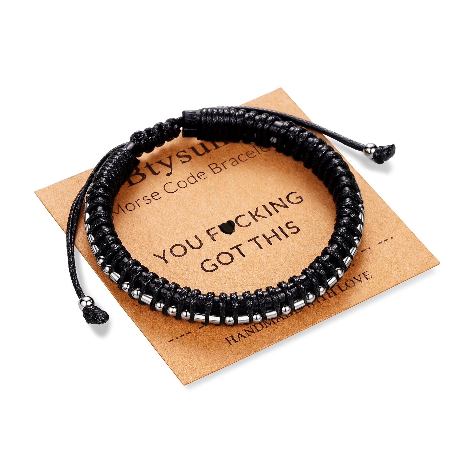 Btysun Funny Gifts for Men Morse Code Bracelet Black Leather Bracelet Braided Inspirational Bracelets for Men Boss Classmate Bir