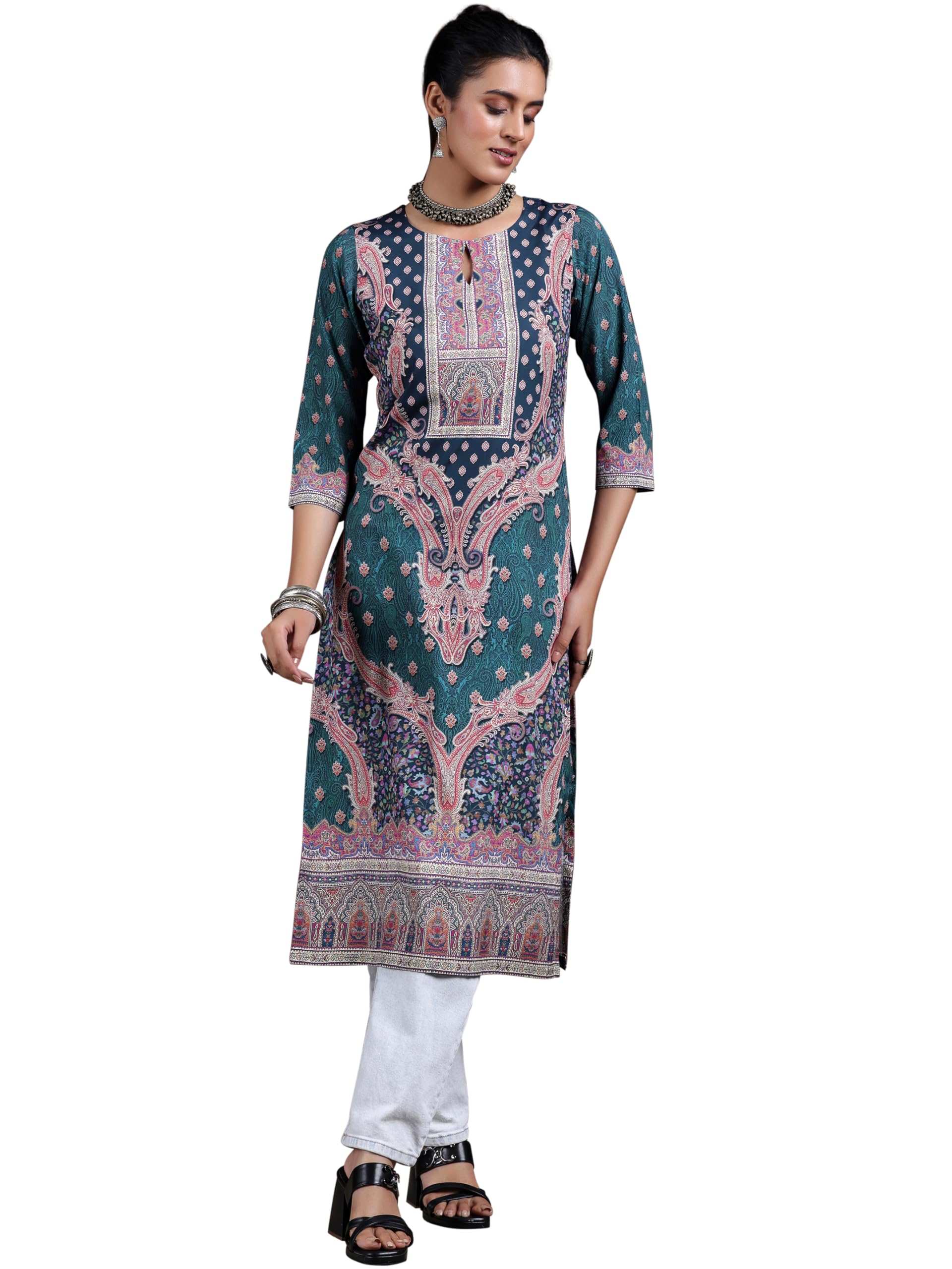 Libas Womens Printed Crepe Straight Kurta For Women Blue