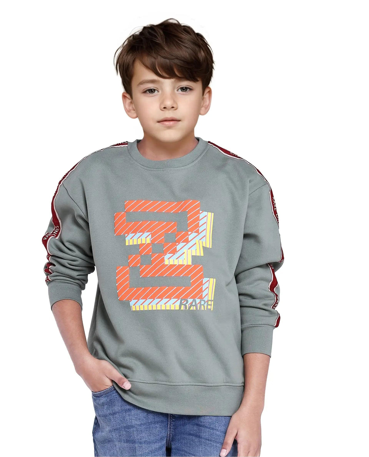 Rare Ones Kids Zet Dusky Green Cotton Poly Full Sleeve Puff Print Sweatshirt, Green, 1516Y 15-16