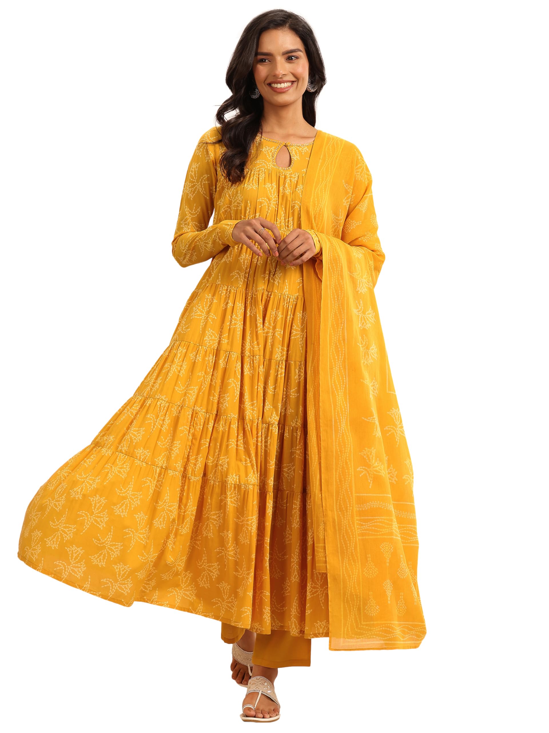 Mustard Motifs Printed Anarkali Kurta With Pocket And Solid Trouser With Floral Printed Dupatta