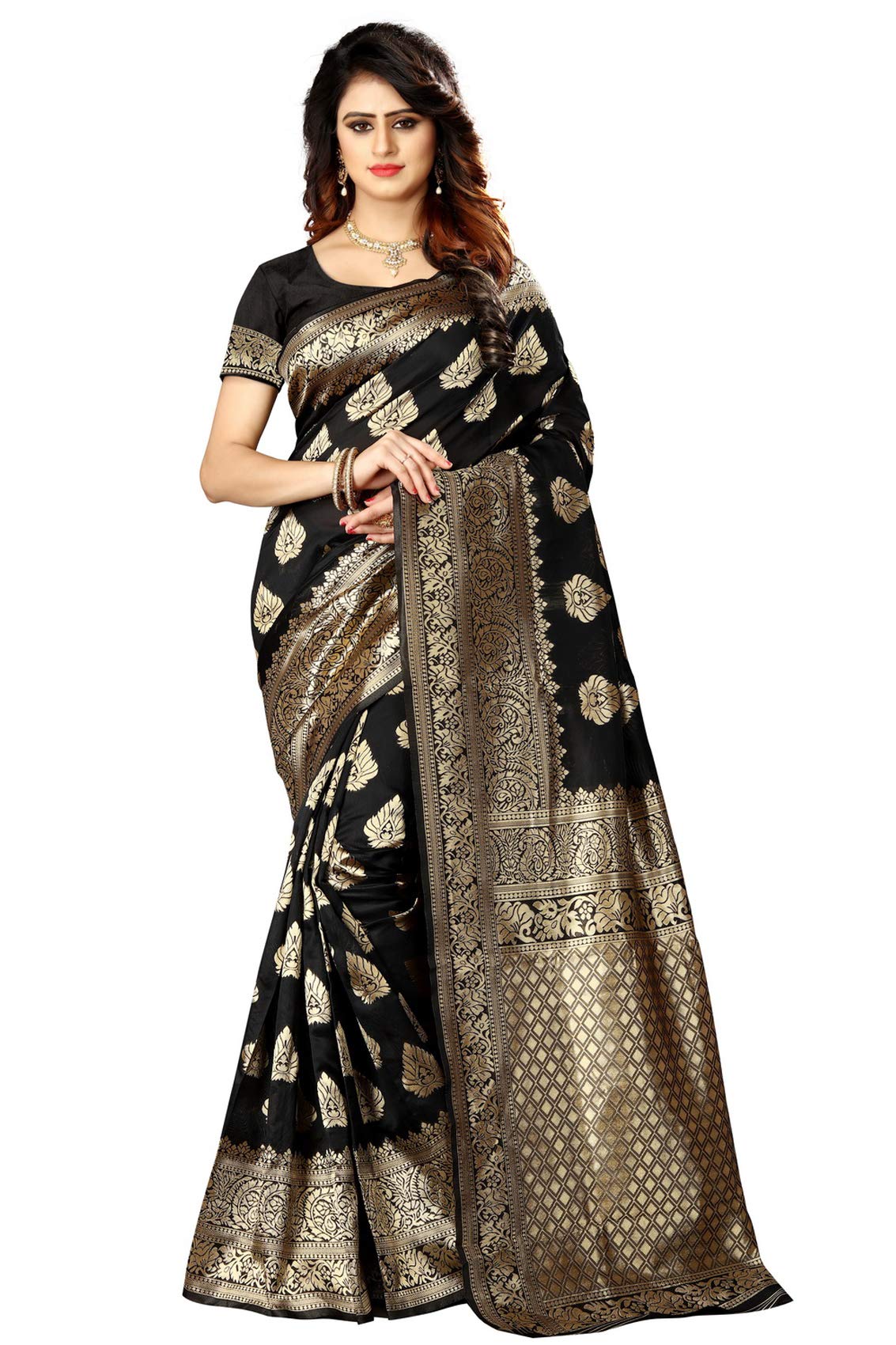 Shasmi Womens Designer Kanchipuram Banarasi Silk Blend Jacquard Woven Design Sarees (Black and Golden)
