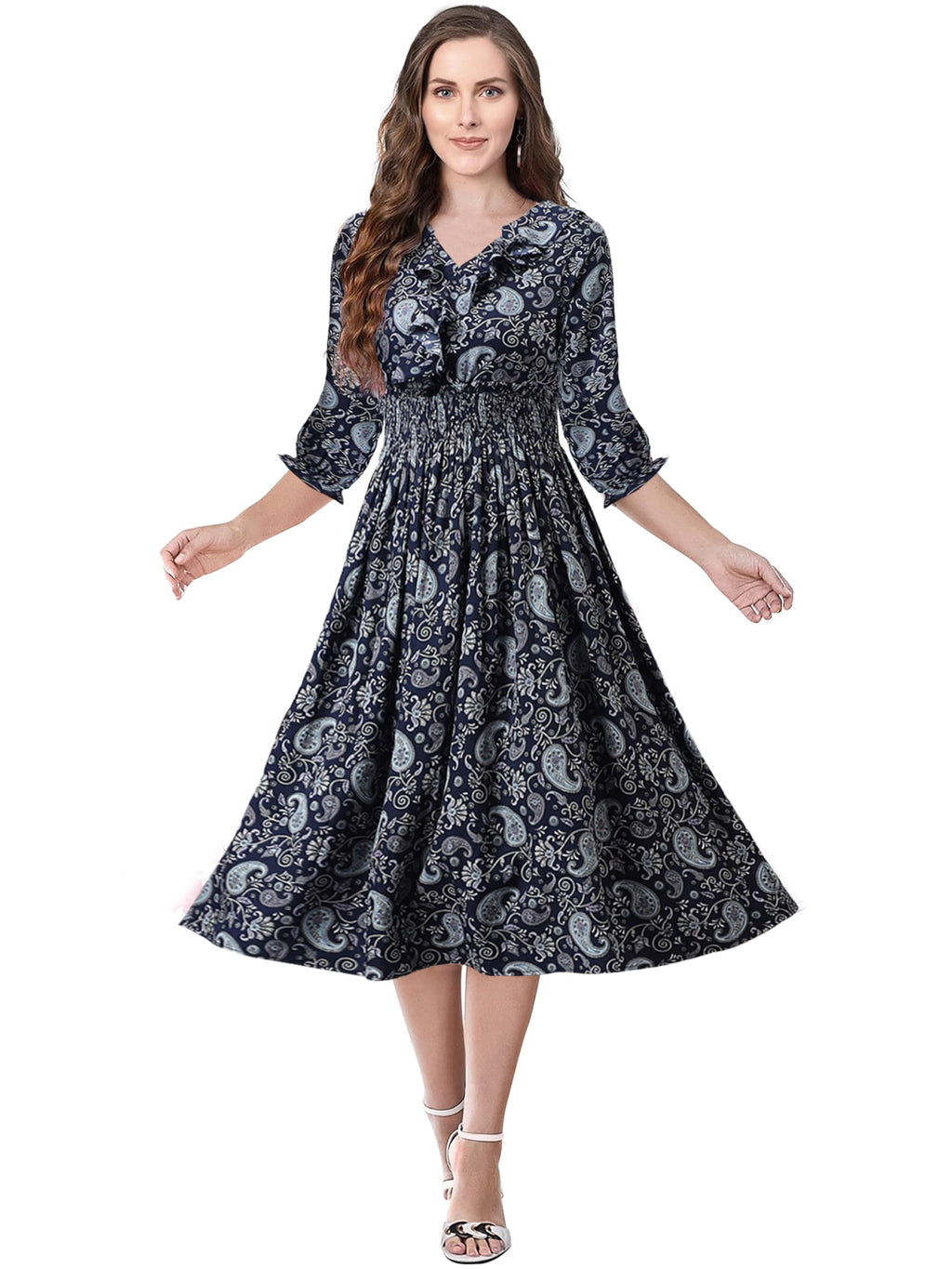 Toochki WomenS Navy Blue Rayon Paisley Print Fit & Flared Western Dress | A-Line Midi | Winter | Latest | Trendy
