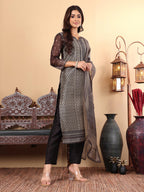 Varanga Women Blue V-Neck, Gathered Details, Flared Sleeves A-Line Kurta Paired With Bottom And Tonal Dupatta
