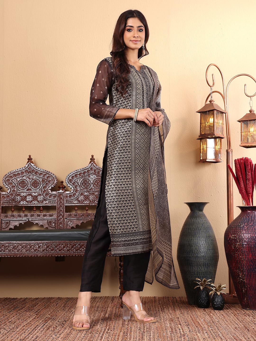 Varanga Women Blue V-Neck, Gathered Details, Flared Sleeves A-Line Kurta Paired With Bottom And Tonal Dupatta