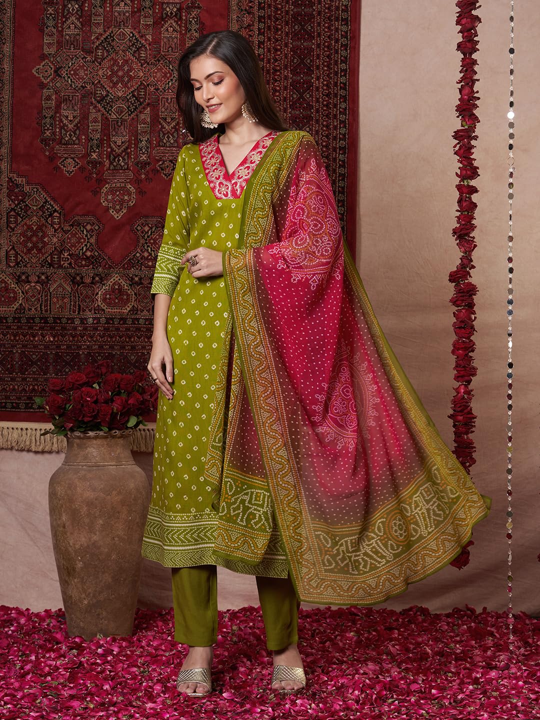 ANNI DESIGNER Women s Rayon Viscose Print Straight Kurta with Pants & Dupatta, Mehandi, 44
