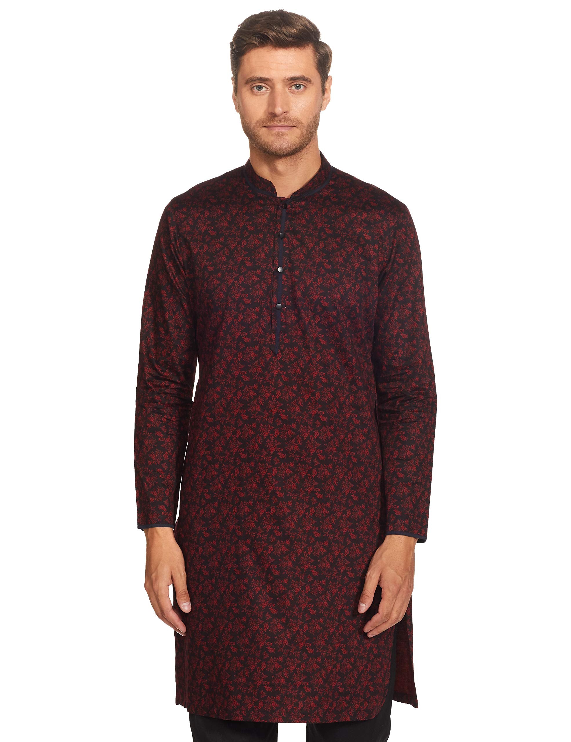 Manyavar Floral Print Knee Long Full Sleeves Kurta For Men - (Maroon, X-Large)