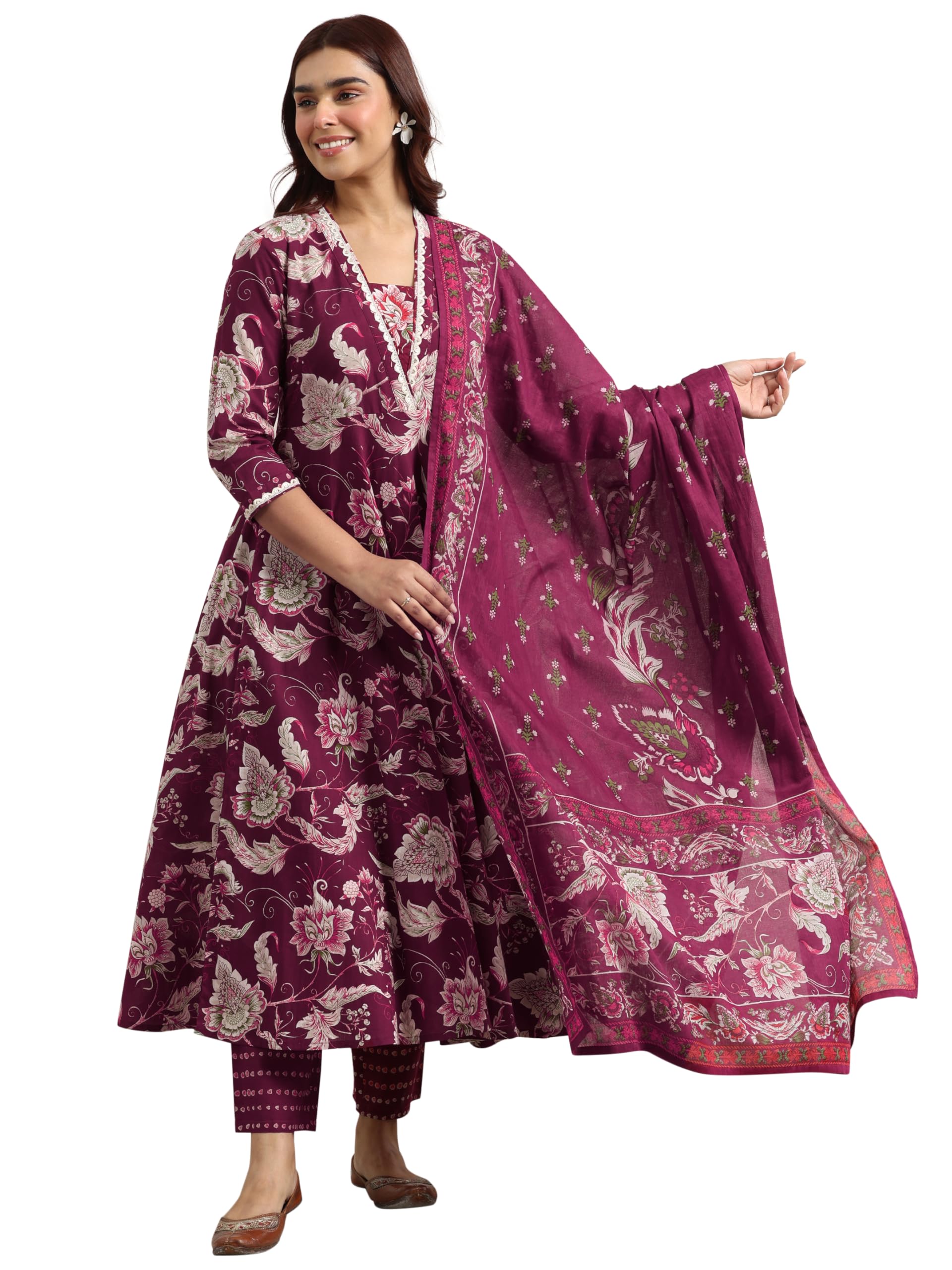 Libas Burgundy Printed Cotton Anarkali Kurta set for Women (400360RXXL)