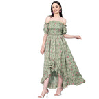 Oomph! Flared Dress For Women Stylish | Long One Piece For Women | Off Shoulder Puff Sleeve Long Dress | Floral Print Maxi One P