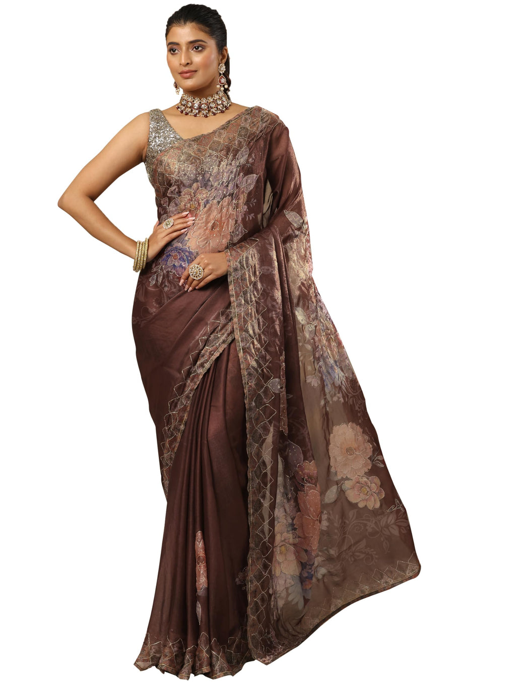Libas Printed Organza Saree With Unstitched Blouse Piece