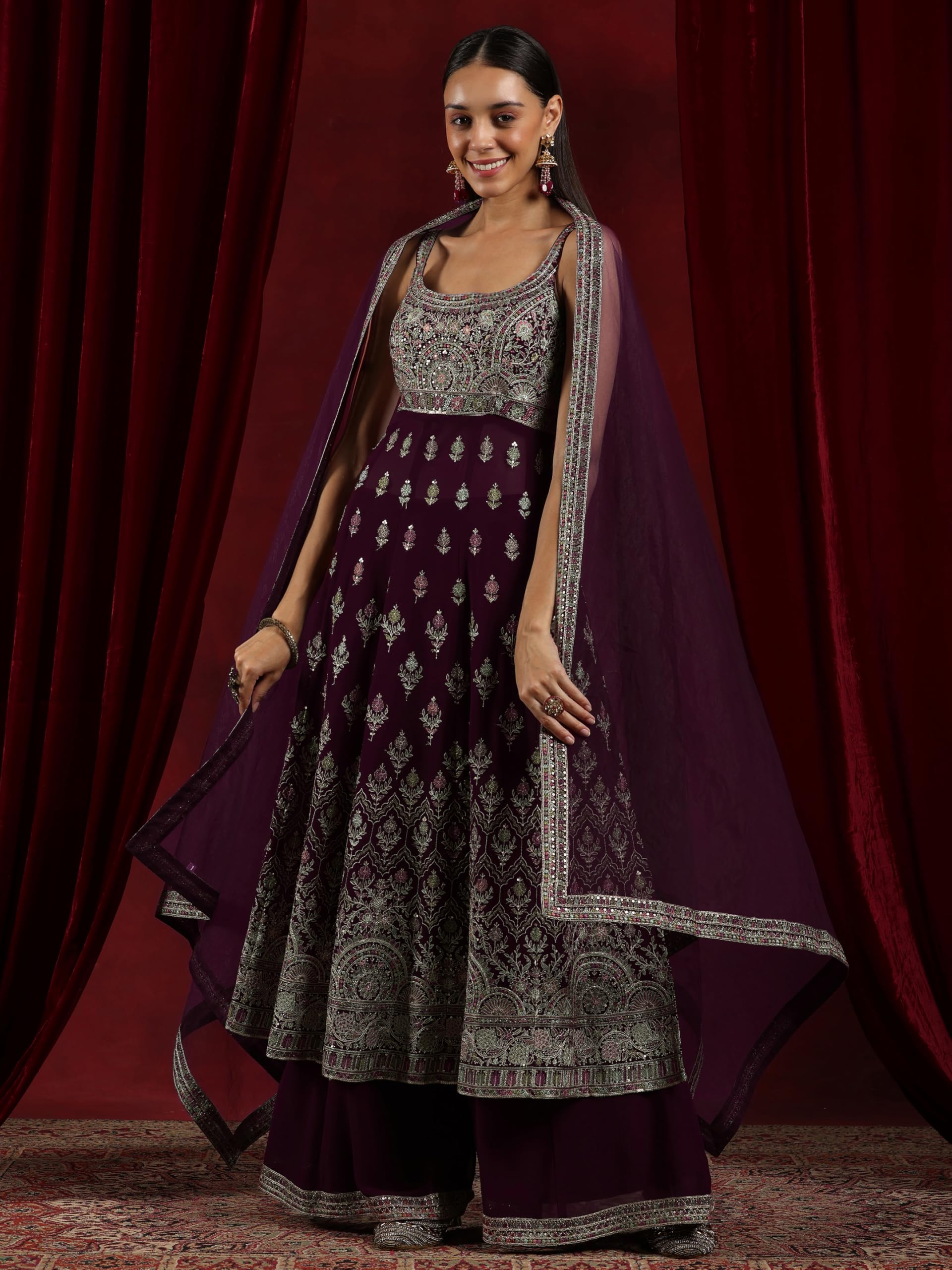 Libas Art Womens Embroidered Georgette A-Line Kurta With Palazzos And Dupatta